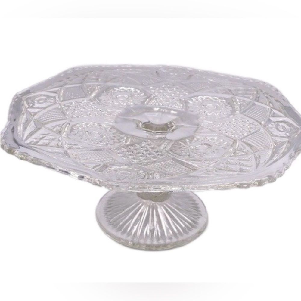 Vintage Pressed Glass Cake Stand w/Ornate Geometric Design & Pedestal - Picture 3 of 15
